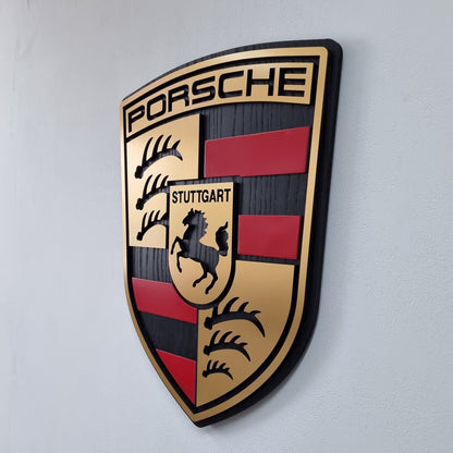 Porsche logo - eiken, rood en zwartkleurig wandpaneel - 54 cm hoog, 50cm hoog