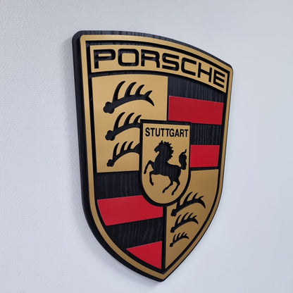 Porsche logo - eiken, rood en zwartkleurig wandpaneel - 54 cm hoog, 50cm hoog