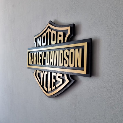 Harley Davidson logo - goudkleurig en zwart wandpaneel - 53cm breed, 40cm hoog