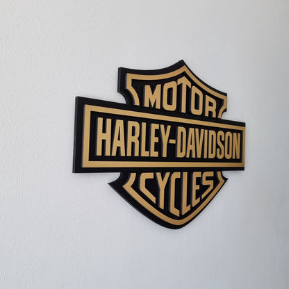 Harley Davidson logo - goudkleurig en zwart wandpaneel - 53cm breed, 40cm hoog