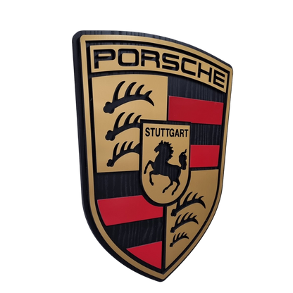 Porsche logo - eiken, rood en zwartkleurig wandpaneel - 54 cm hoog, 50cm hoog