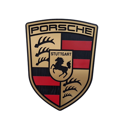 Porsche logo - eiken, rood en zwartkleurig wandpaneel - 54 cm hoog, 50cm hoog