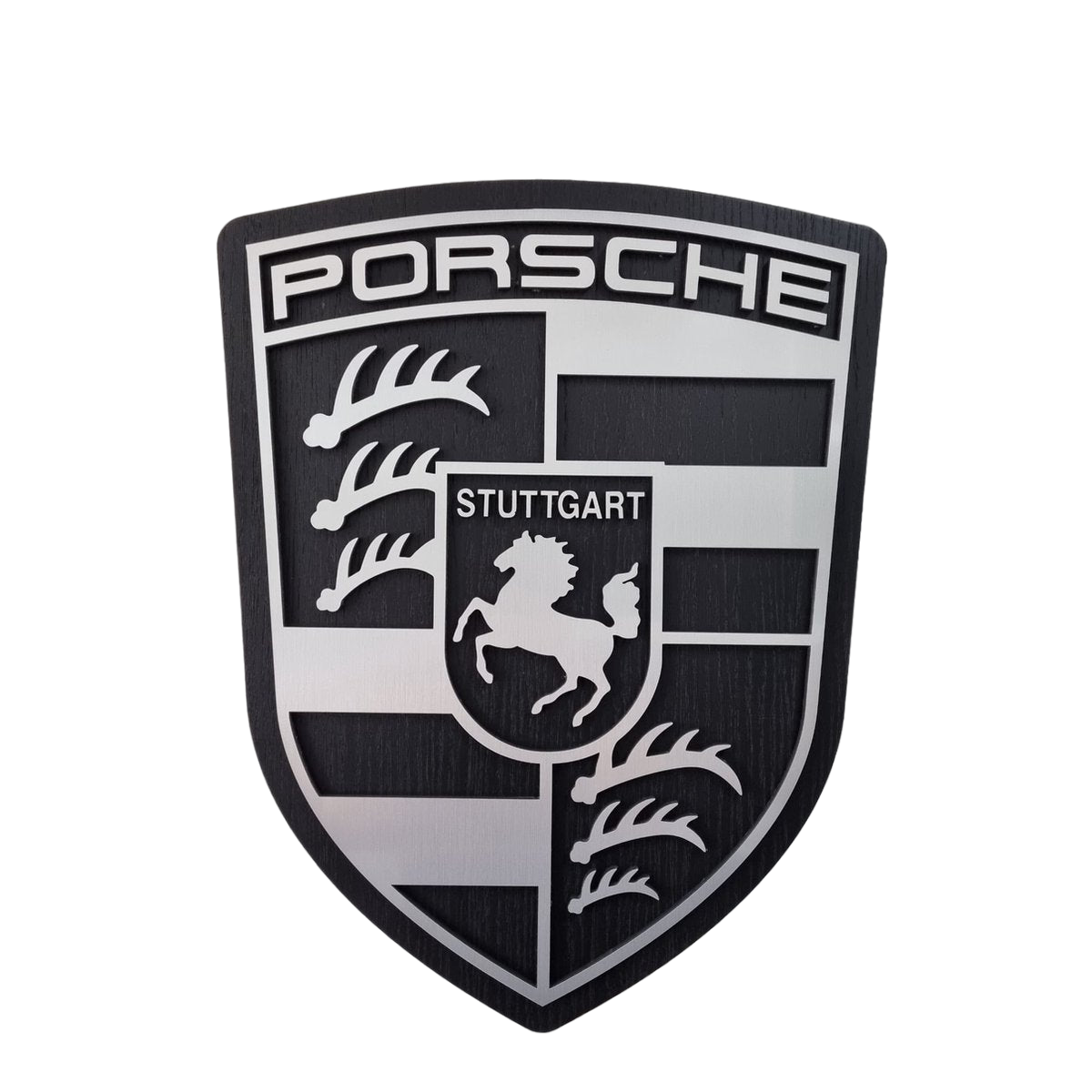 Porsche logo - eiken,  aluminium en zwartkleurig wandpaneel - 54 cm hoog, 50cm hoog