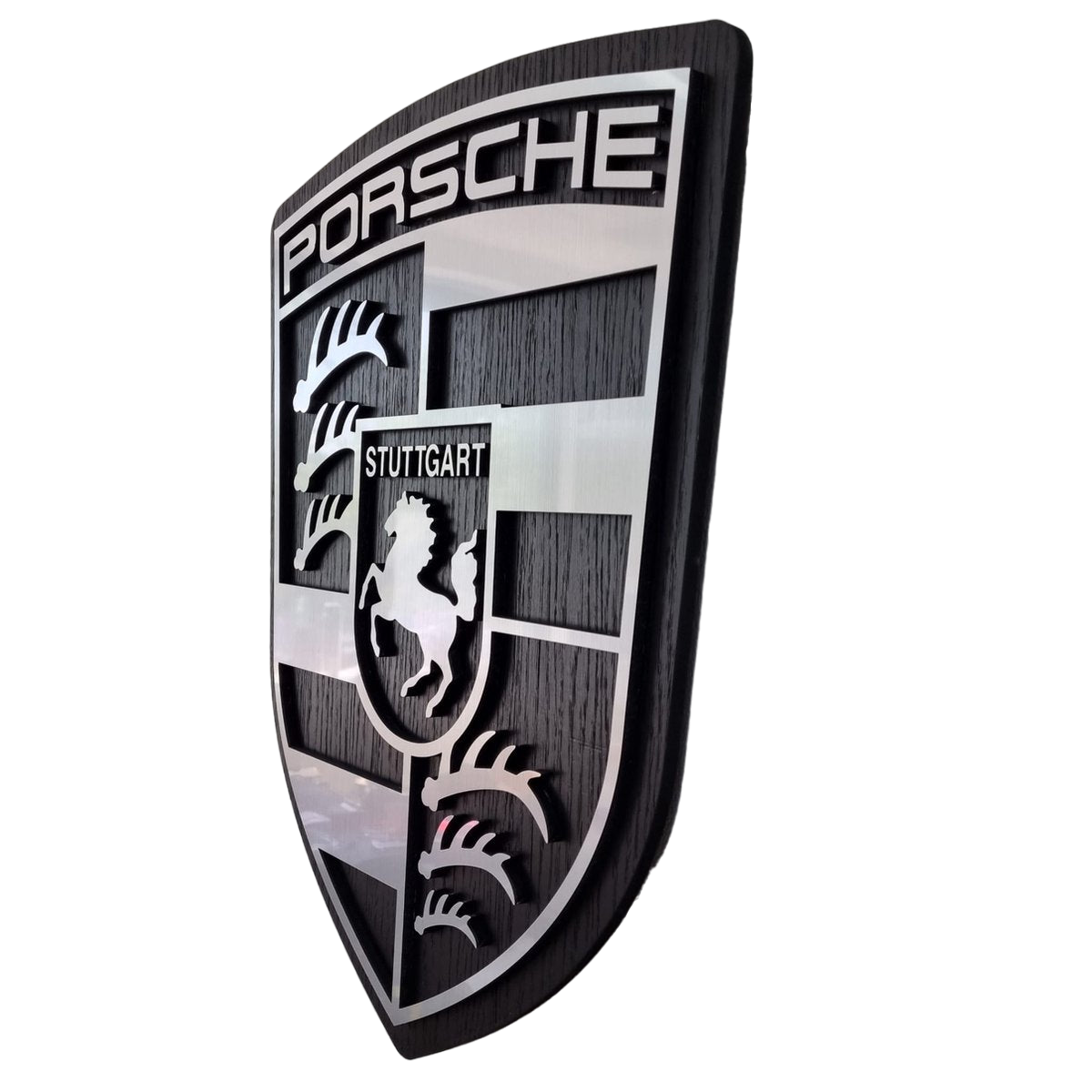 Porsche logo - eiken,  aluminium en zwartkleurig wandpaneel - 54 cm hoog, 50cm hoog