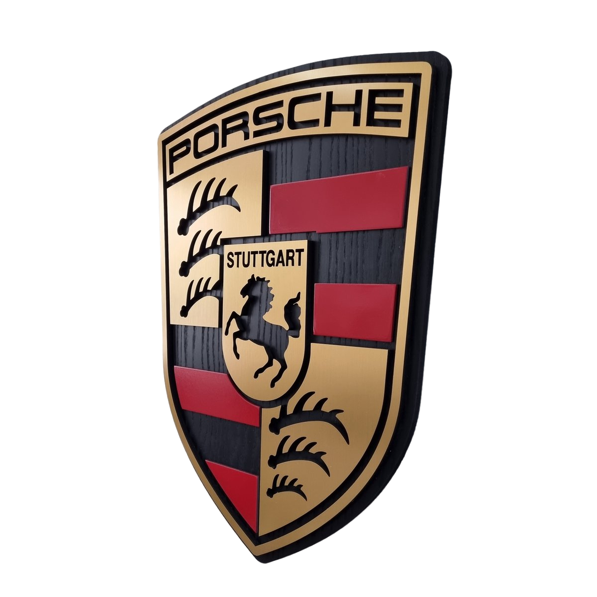 Porsche logo - eiken, rood en zwartkleurig wandpaneel - 54 cm hoog, 50cm hoog