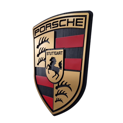 Porsche logo - eiken, rood en zwartkleurig wandpaneel - 54 cm hoog, 50cm hoog