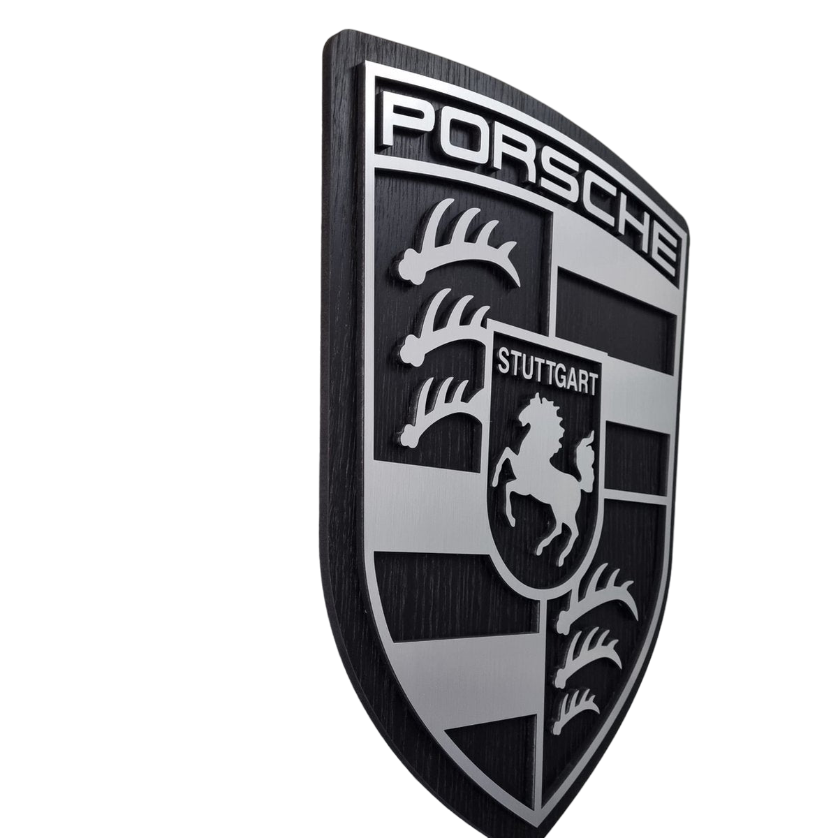 Porsche logo - eiken,  aluminium en zwartkleurig wandpaneel - 54 cm hoog, 50cm hoog