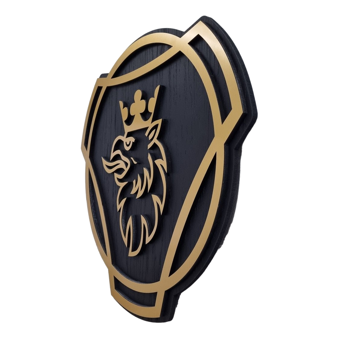 Scania logo - eiken, goud en zwartkleurig wandpaneel - 49 cm breed, 46cm hoog